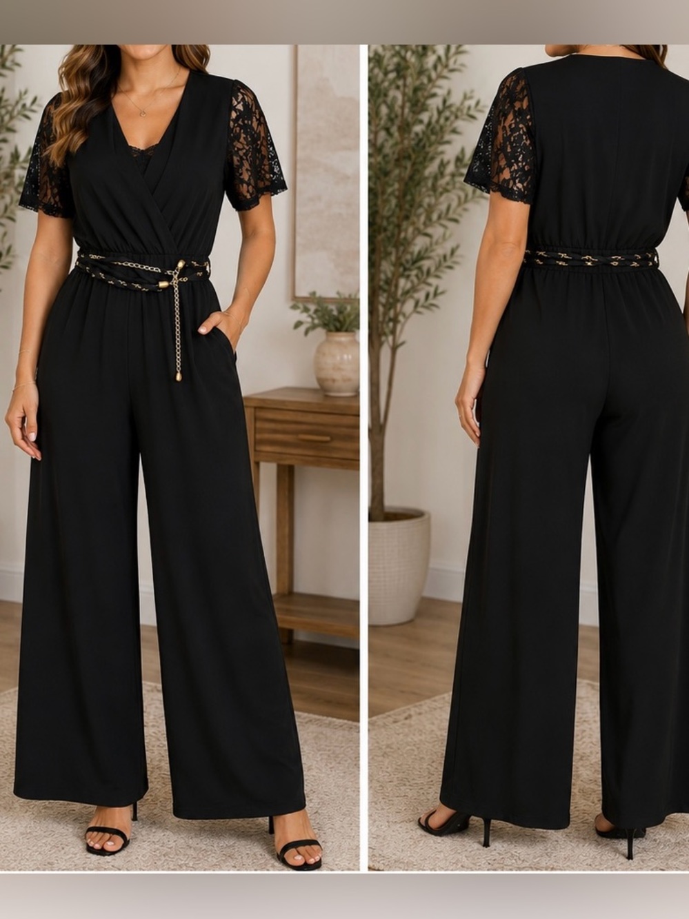 Thalia Sodi Black Lace-Sleeve Wrap Jumpsuit